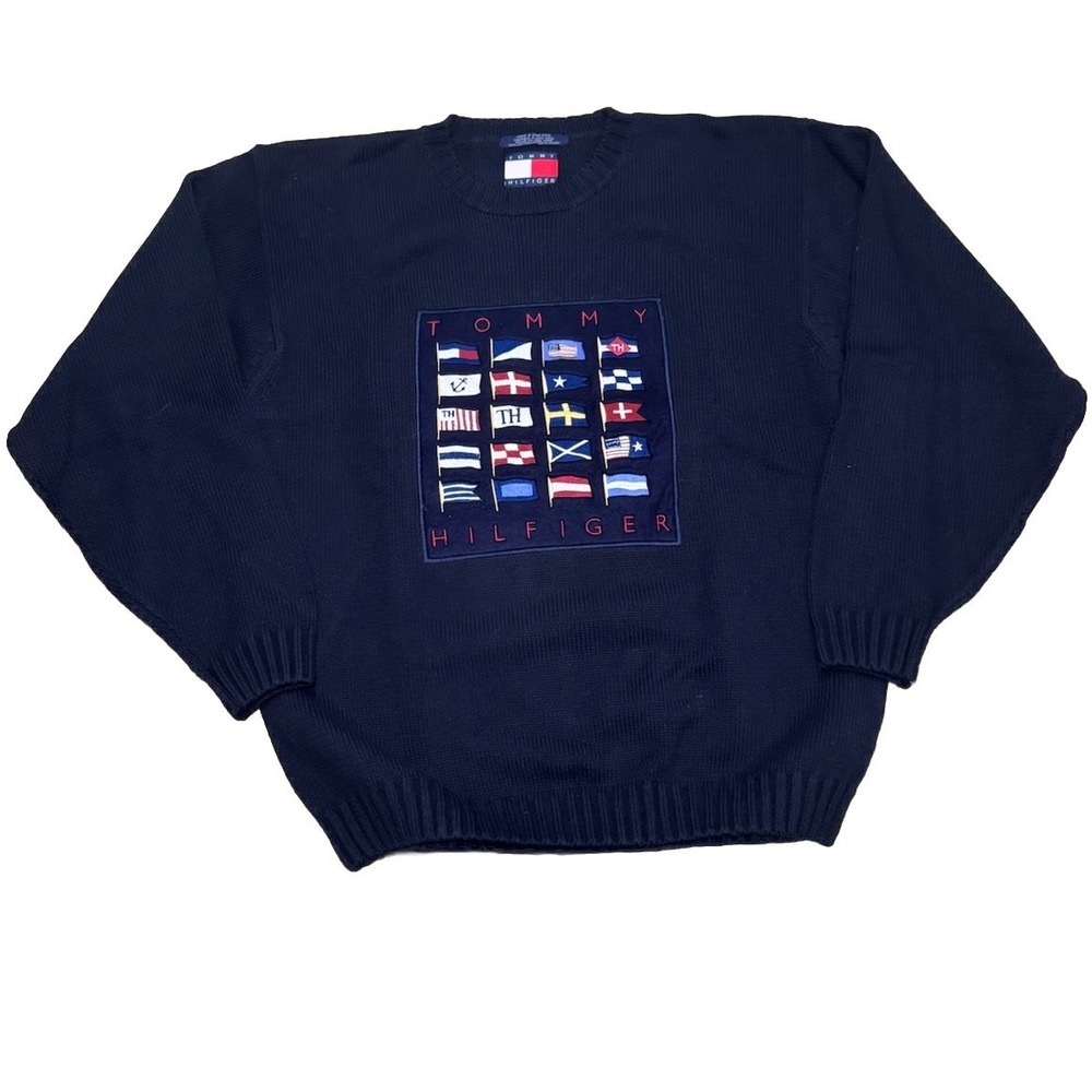 Vtg 90s Tommy Hilfiger Embroidered Aquatic Flag Sweater‎ 100% Cotton SZ M NWOT
